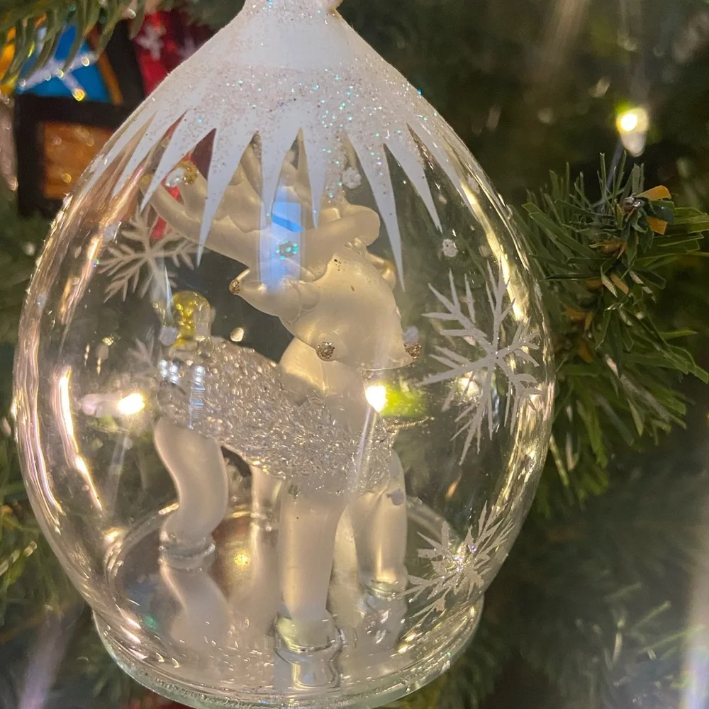 Glass Teardrop Angel & Reindeer Christmas Ornaments Pair‎ Hand Painted